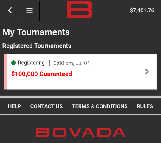 My Tournaments Section in Bovada Mobile Client