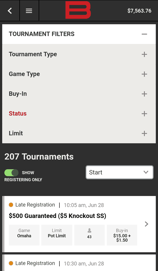Filters Shown at the Top of the Bovada Mobile MTT Lobby