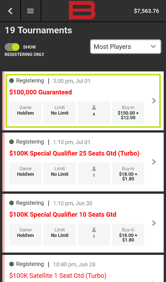 $100K-Related Tourneys at Bovada