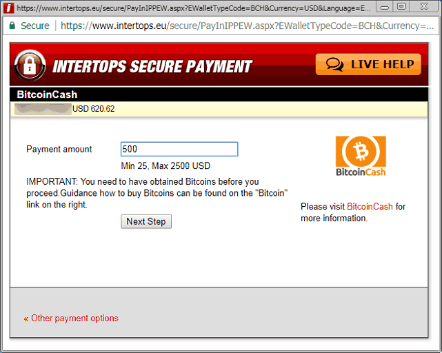 Making a BCH Deposit at Intertops, Step 1