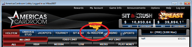 Six Plus Hold'em Tab in ACR Software