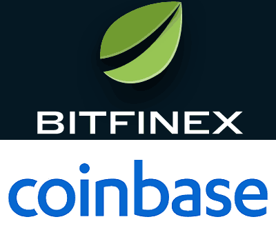 Logos of Bitfinex and Coinbase