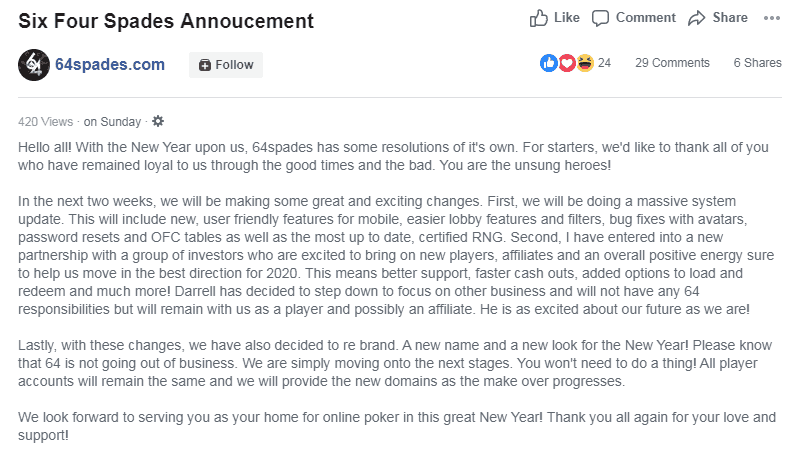 64Spades New Years FB Post