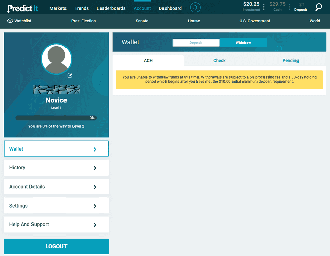 Account Screen at PredictIt