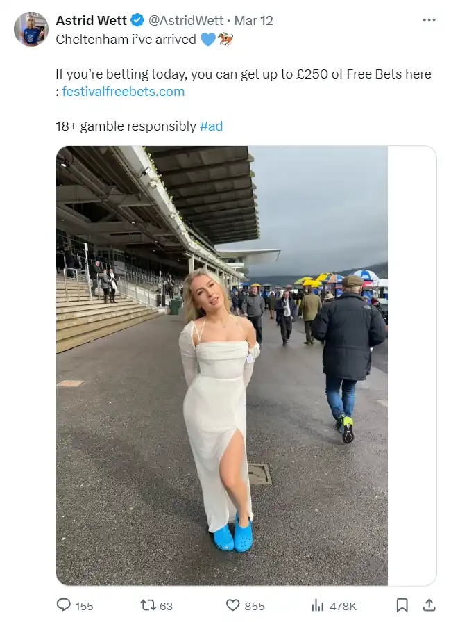 Tweet from Astrid Wett about free bets for the Cheltenham Festival