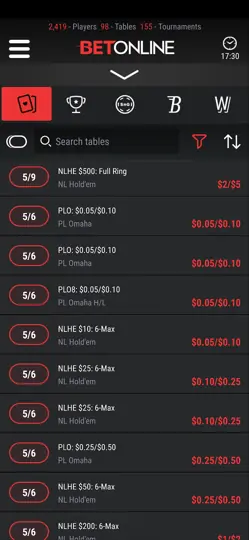 Mobile Poker Lobby at BetOnline