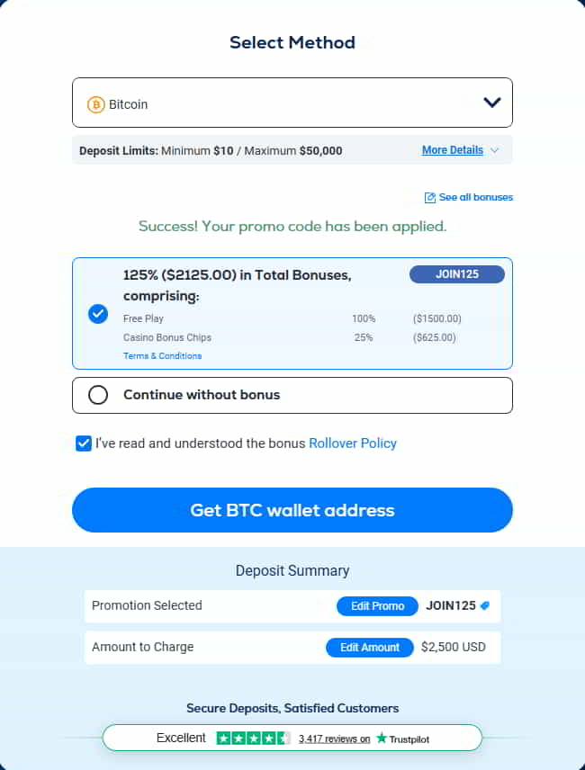 BetUS will show you a deposit summary screen before you finalize your transaction