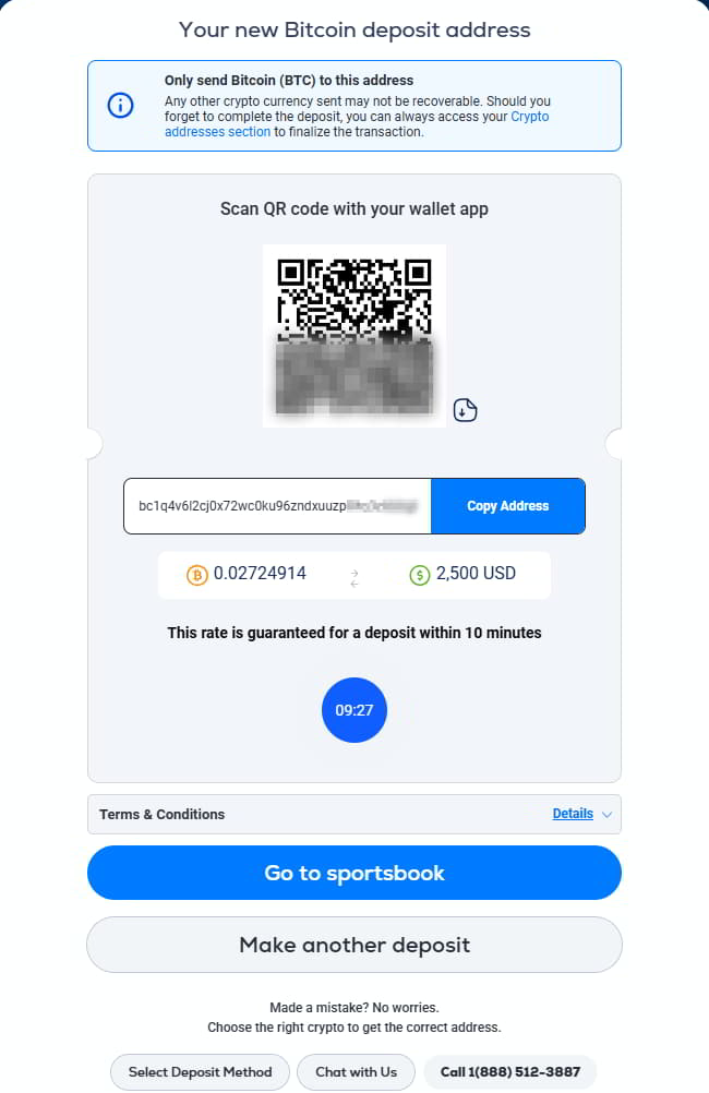 BetUS will show you a BTC address in both text and QR form
