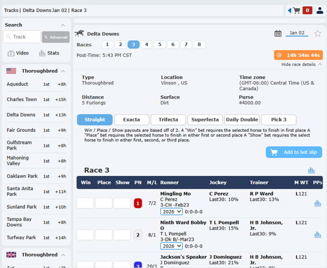 The racebook lets you wager on the results of horse races