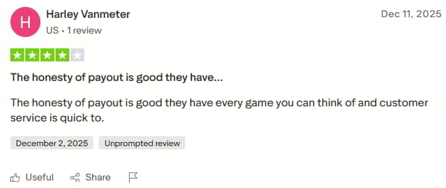 TrustPilot user “Harley Vanmeter” likes BetUS's honest payouts