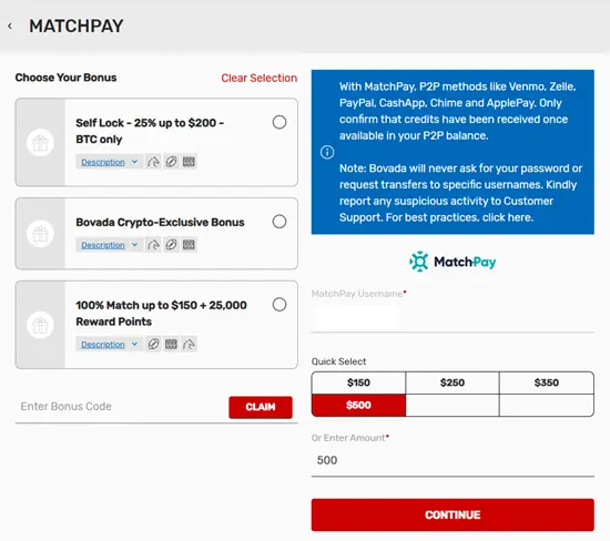 Bovada MatchPay Deposit