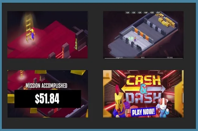 4 screenshots of different scenes in the Cash and Dash casino game