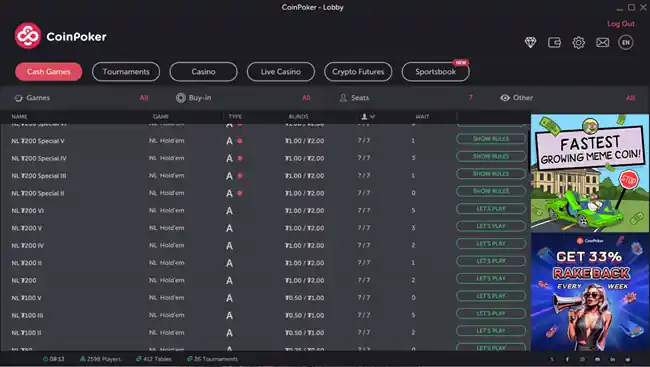 The old cash game lobby at Coin Poker had just a few colors and a straightforward arrangement