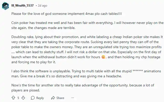 Reddit's Ill_Wealth_5537 thinks the changes have made Coin Poker much worse