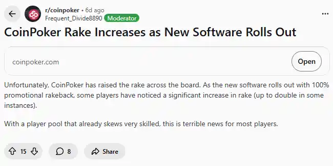Frequent_Divide8890 posted on Reddit noting the massive increases in rake at Coin Poker