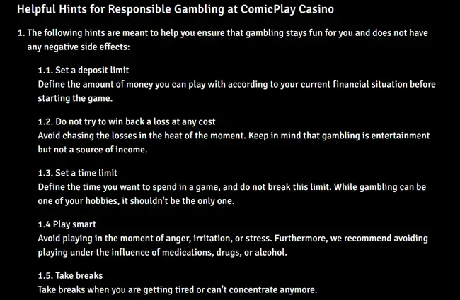 Comic Play Casino Responsible Gambling Helpful Hints