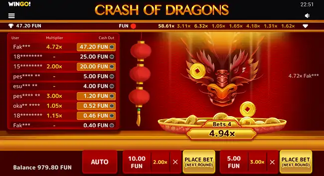 As coins fall from the top in Crash of Dragons, the multiplier increases