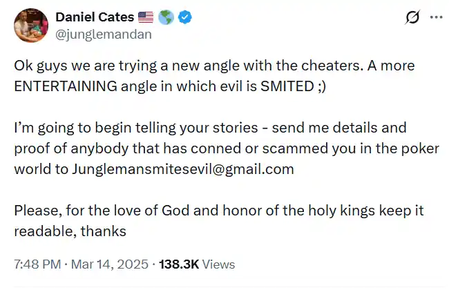 Dan Cates X Post About Cheating