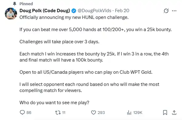 Doug “WCGRider” Polk has issued a challenge to the poker community on X