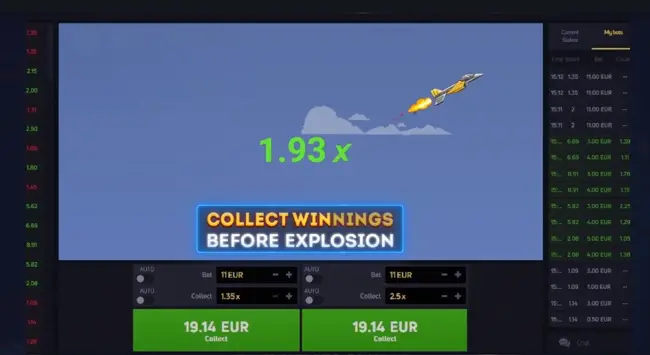Screenshot of the Jetx crash betting interface