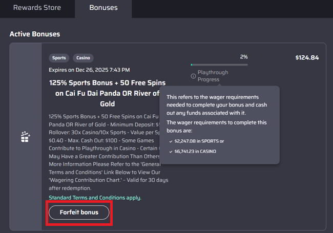 Forfeiting a bonus is done in this interface