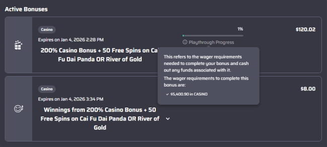 Use the playthrough indicator to stay apprised of your bonus rollover progress