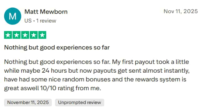 “Matt Mewborn” on TrustPilot gives Lucky Rebel a 10/10
