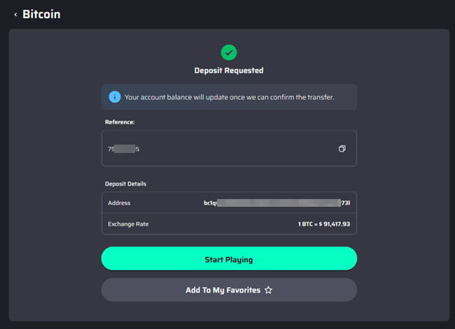 Upon network confirmation, the funds will be credited to your account