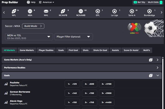 Lucky Rebel features a prop builder for those who want something beyond the standard prop bet offerings
