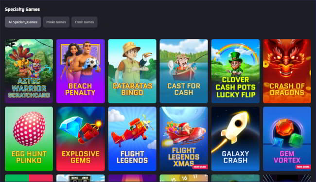 Specialty Games includes bingo, crash games, scratchcards, roulette, and many other casino gambling choices