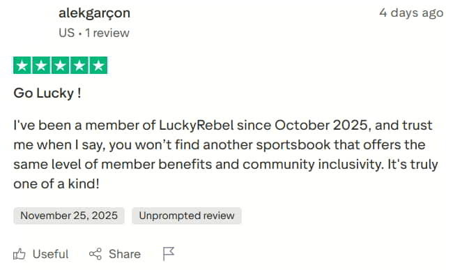 Trustpilot user “alexgarçon” appreciates the benefits of Lucky Rebel sportsbook