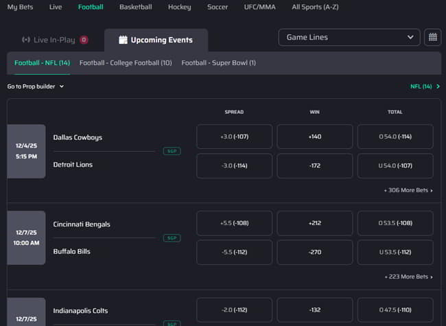 Only a few possible bets per game are shown by default but you can click to expand them