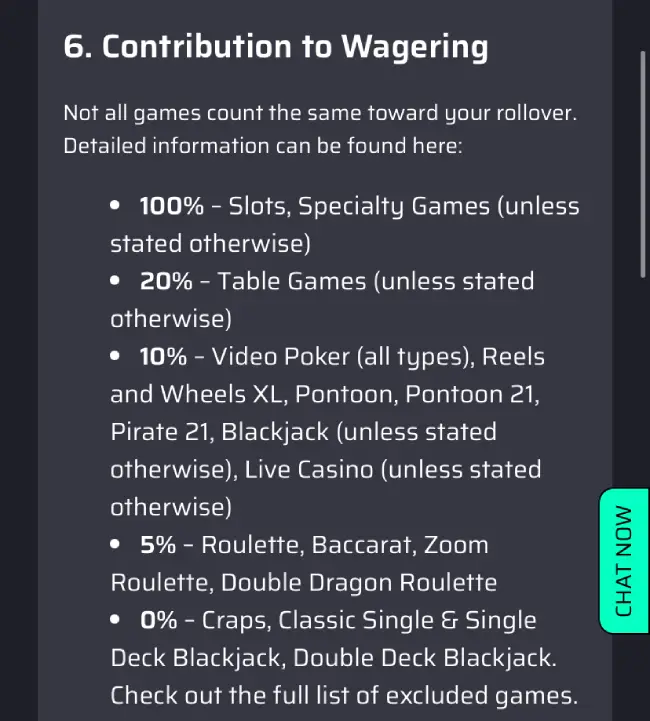 Lucky Rebel Wagering Chart