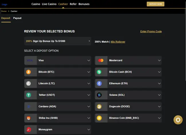 MYB Casino Deposit Options