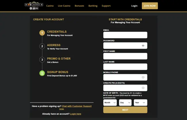 MYB Casino Sign Up Form
