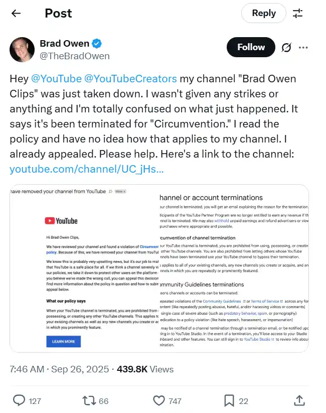 Brad Owen posted on X about YouTube
