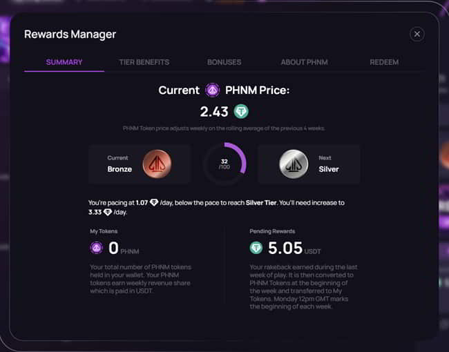 There are five tiers in the Phenom Poker Rewards program