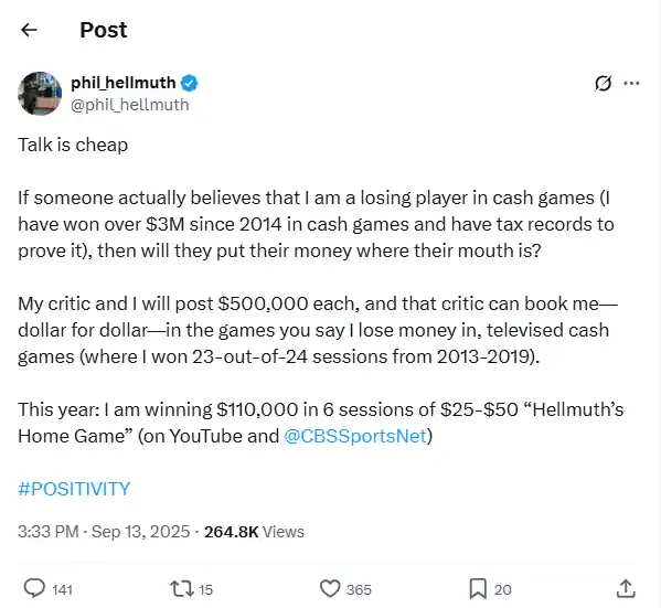 Phil Hellmuth posted a challenge to his detractors on X