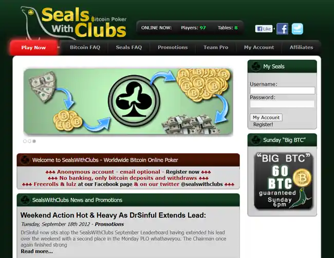 SealsWithClubs was the first online poker site to support Bitcoin