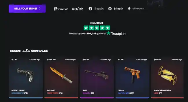 The Skinflow.gg website lets users sell CS:GO Skins for Paypal funds or several crypto-currencies