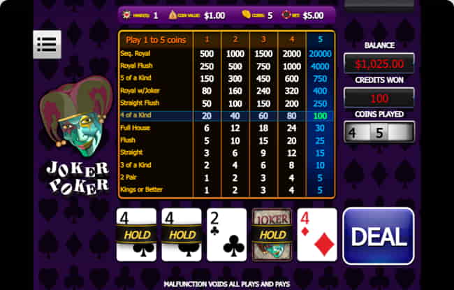Joker Poker is available in one-hand, three-hand, and ten-hand varieties