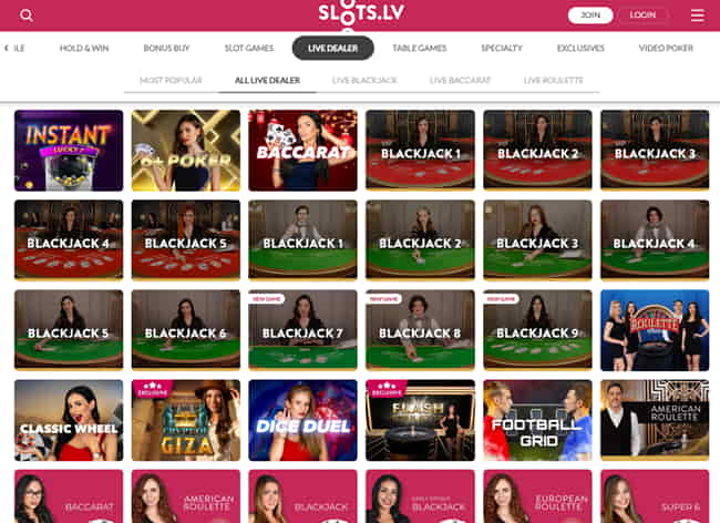 The Live Dealer section at Slots.lv includes Blackjack, Roulette, and Baccarat along with newer developments, like lottery and sports games