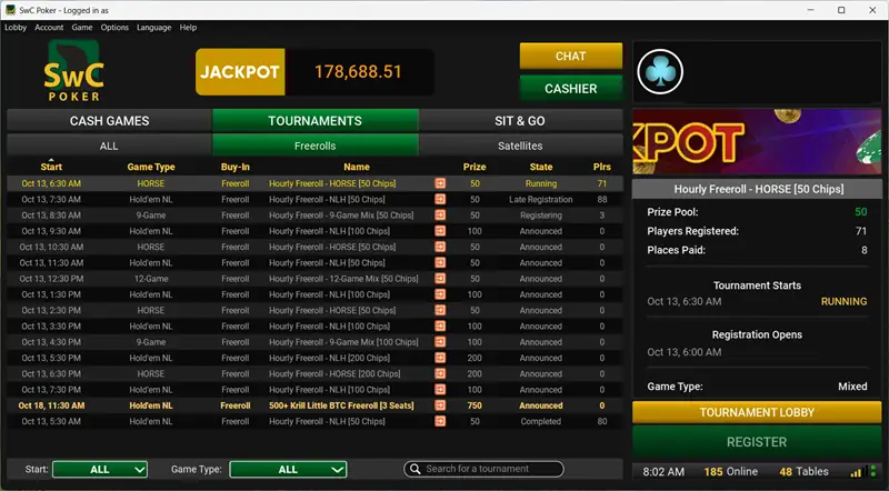 There's a freeroll every hour at SwC Poker
