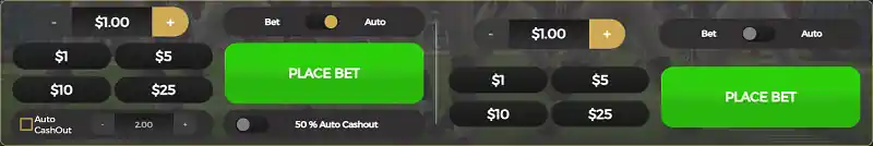 Place bets manually or automatically, and select auto cashout and 50% auto cashout