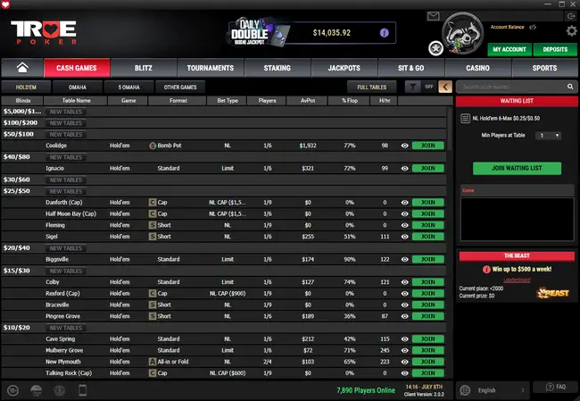 2023 Cash Game Lobby at True Poker
