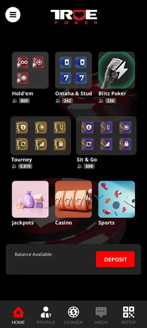 Mobile Poker Lobby at True Poker