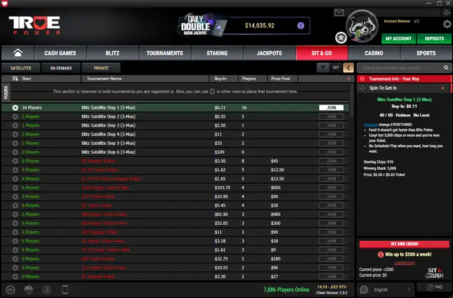 Sit and Go Lobby at True Poker