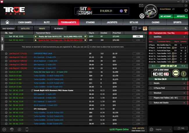 Tournament Lobby at True Poker