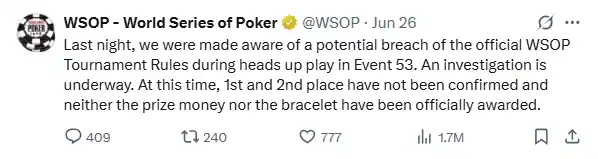 WSOP Investigation Announcement