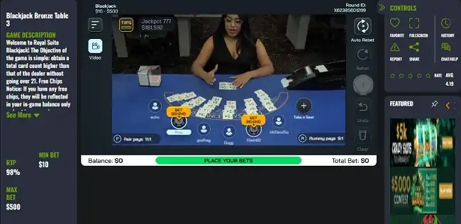 The Live Dealer area of XBet has games operated by real, human dealers